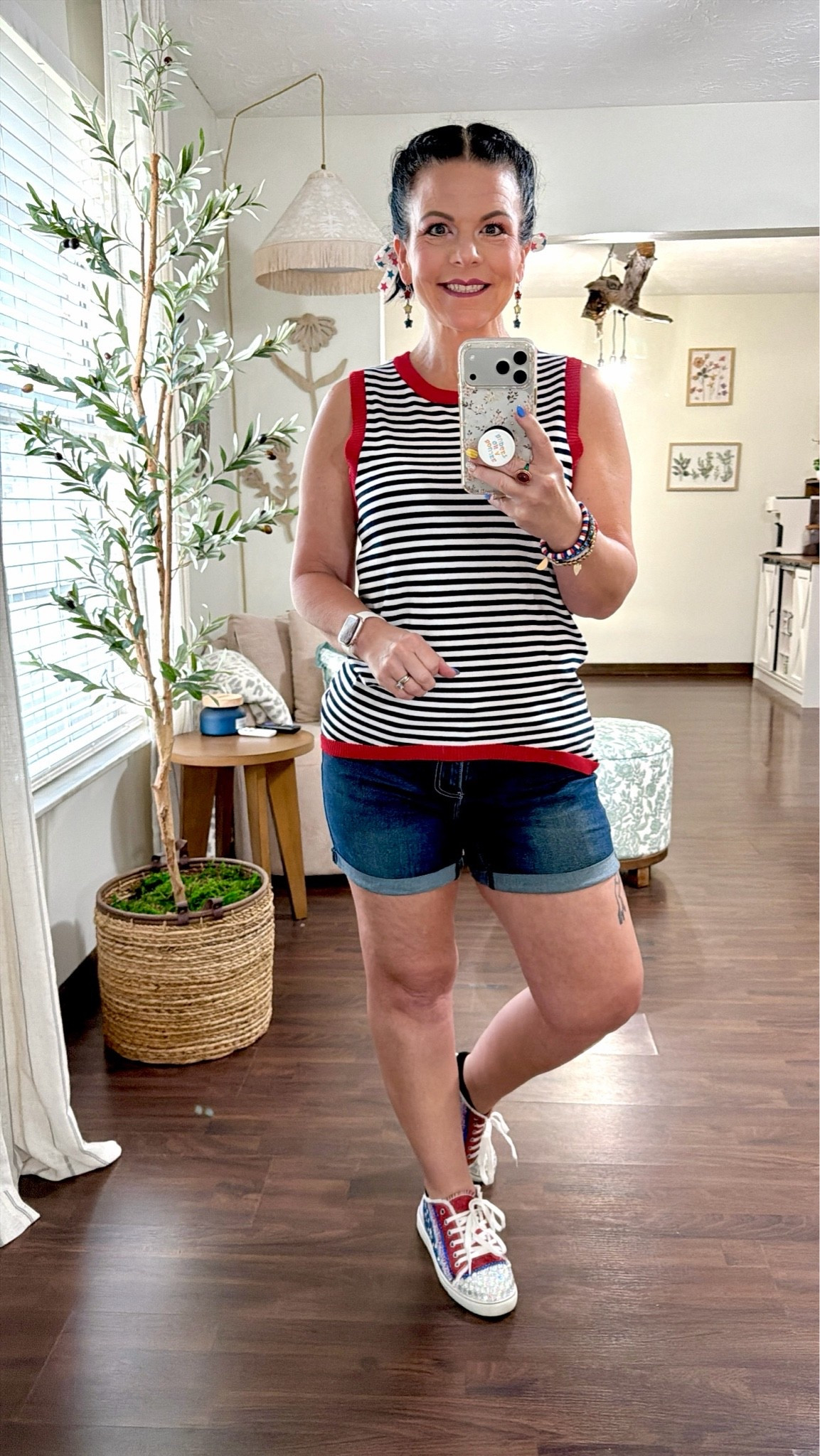 memorial day outfit

Dokotoo Womens Summer Tops 2026 Casual Striped Color Block High Neck Tank Top Loose Knit High Low Sleeveless Shirts Blouses
Size small TTS 

Women's Independence Day American Flag Printed Canvas Shoes - I blinged, jeweled my shoes myself 

4th of July Outfits for Women Men Teens Red White Blue Clay Beaded Stackable Stretch Bracelets USA Patriotic Jewelry 4th of July Accessories

Shorts are old from Stein Mart but my next fav is linked Women's High Waisted Rolled Hem Distressed Jeans Ripped Denim Shorts

#LTKOver40 #LTKootd #LTKPetite