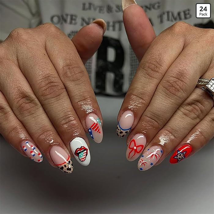 Independence Day Press on Nails leopard Print French Almond Fake Nails with Bow Pentagram Firewor... | Amazon (US)