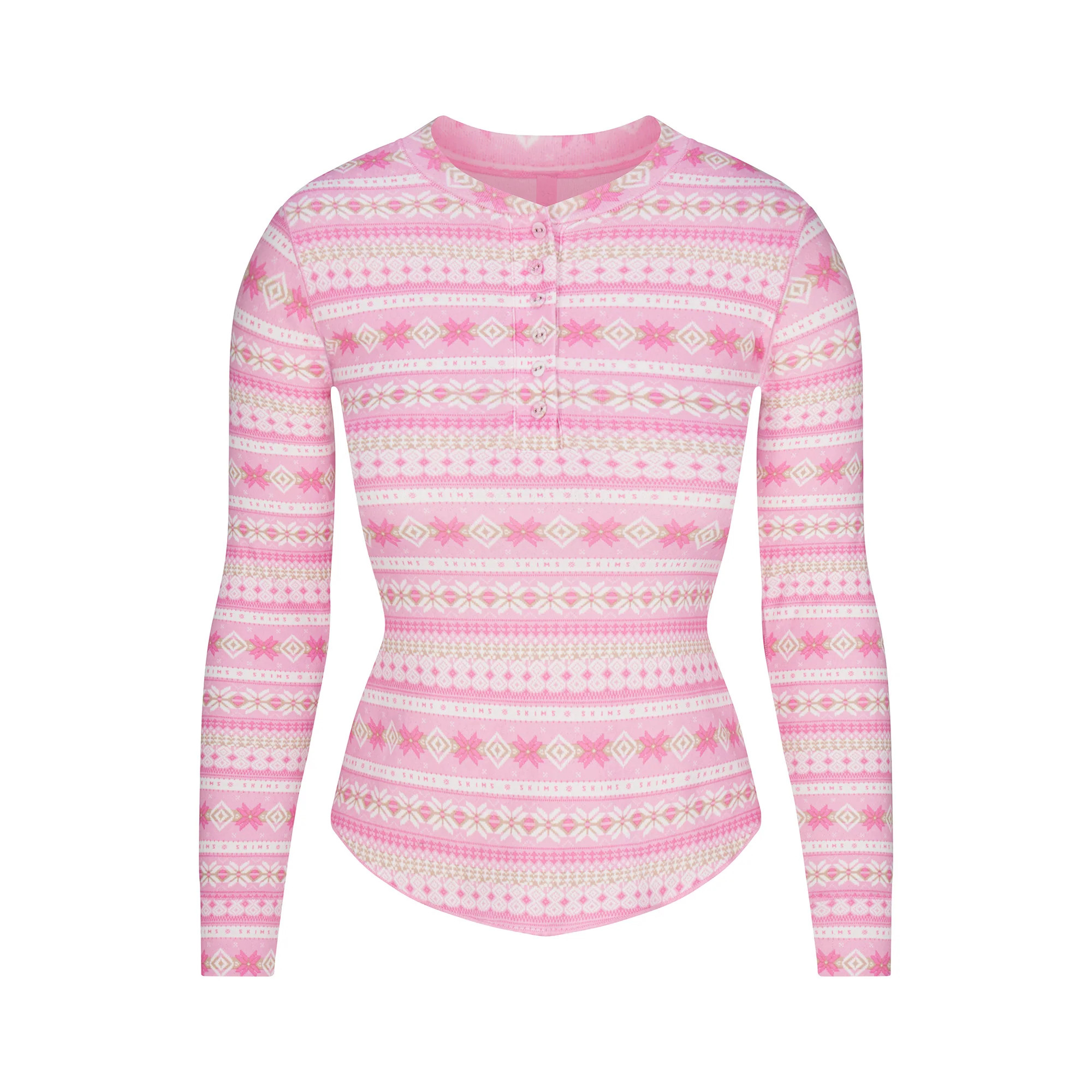 LOGO PLUSH POINTELLE LONG SLEEVE HENLEY | BUBBLE GUM SIENNA FAIR ISLE | SKIMS (US)