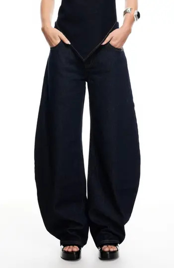 LIONESS Horseshoe Low Rise Barrel Leg Jeans in Dark Denim at Nordstrom Rack, Size Large | Nordstrom Rack