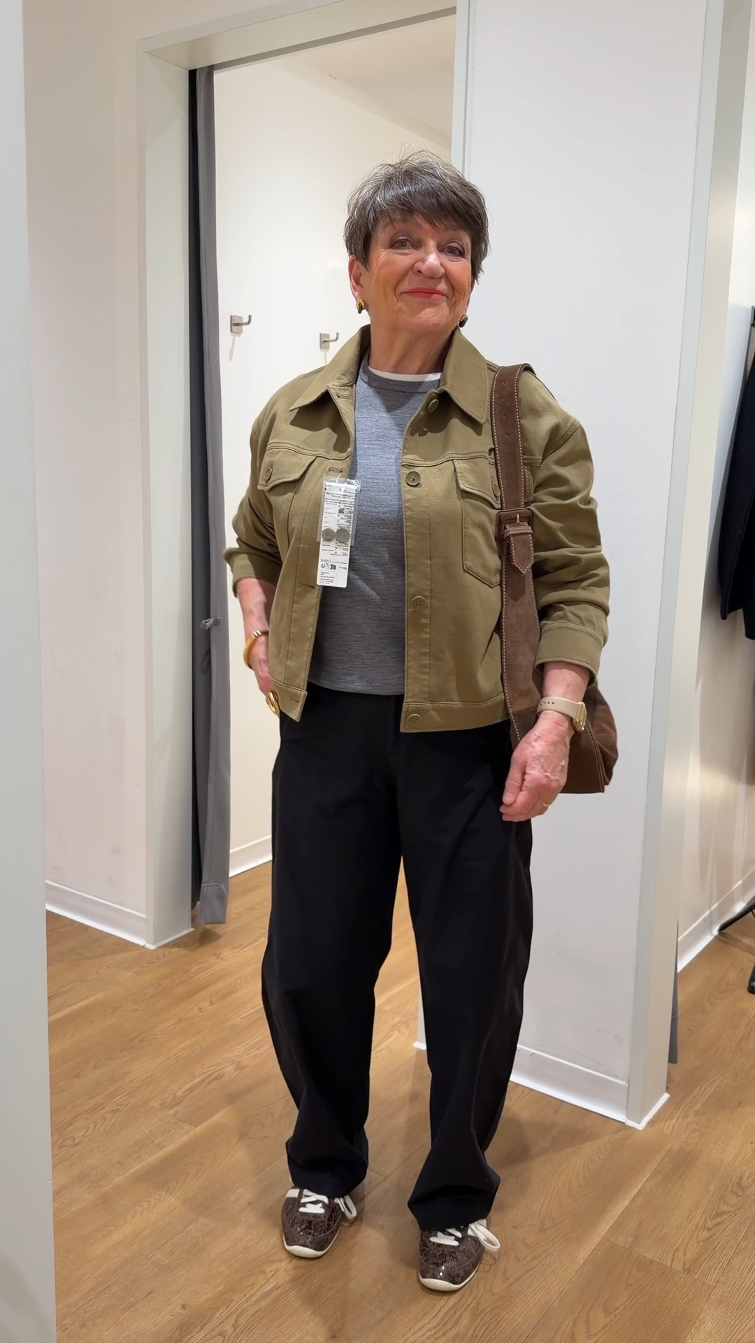 My mum in the Uniqlo barrel leg trousers - daytime casual look
Large in the jacket
Large in the wool jumper - we sized up in this to an XL and bought one, I bought one too! 
Medium reg in the black barrel legs, my mum is 5ft 4 in height
Adidas Japan trainers
ASOS brown suede bag 


