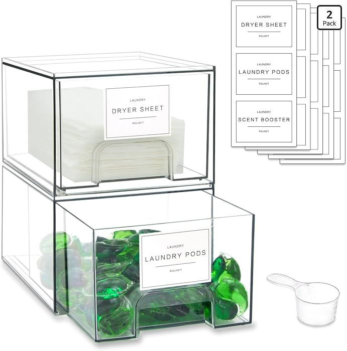 2 Pack Laundry Room Organization Storage Drawers with Labels, Clear Stackable Dryer Sheet Holder ... | Amazon (US)