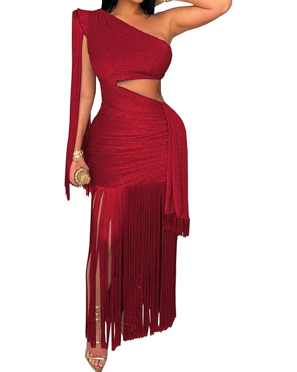 Women's Sexy One Shoulder Fringe Dress Sleeveless Cut Out Bodycon Birthday Party Tassel Maxi Dres... | Amazon (US)