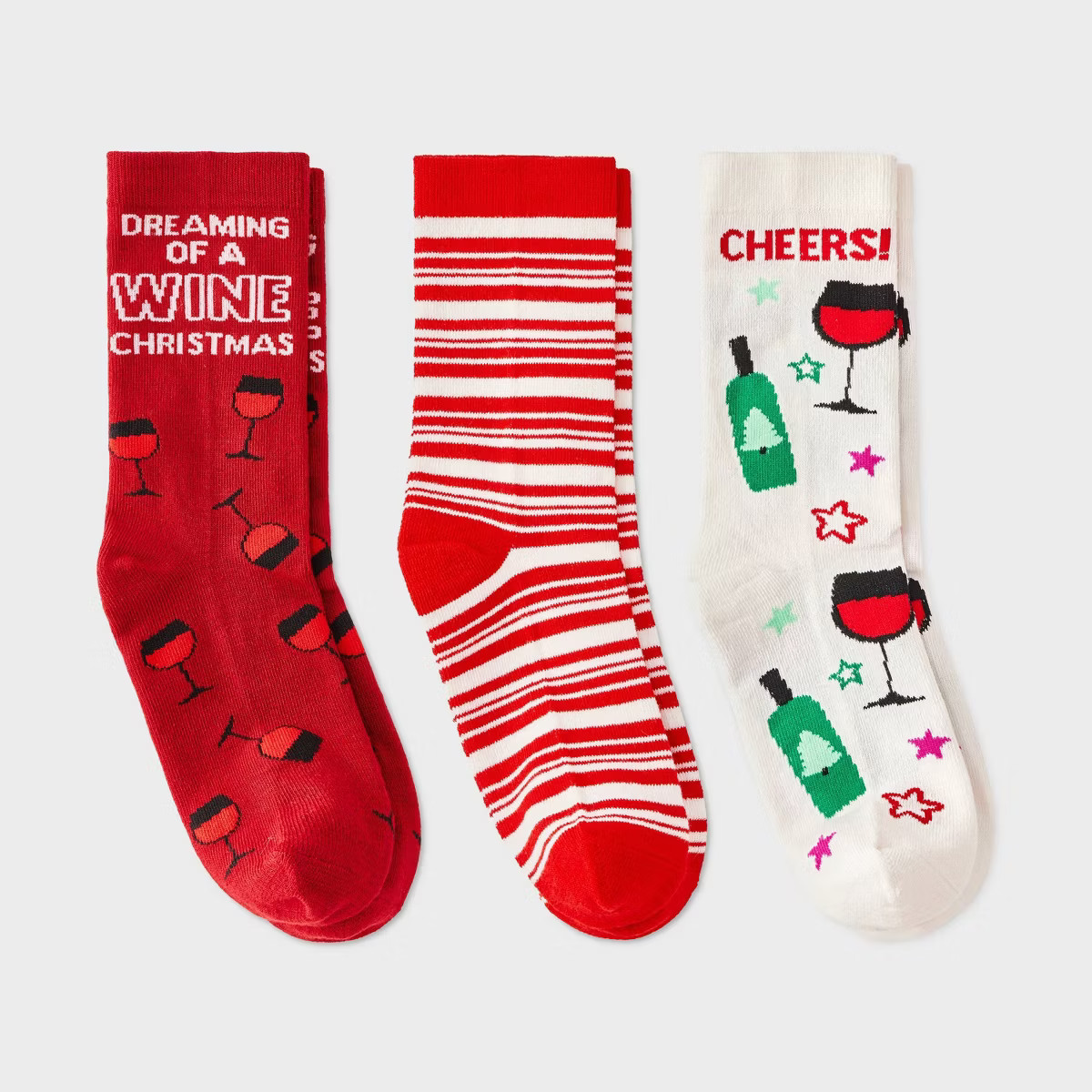 Women's Wine Christmas 3pk Crew Socks - Red/Green/Ivory 4-10 | Target