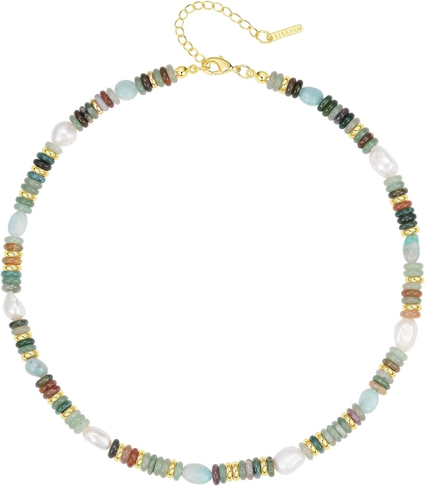 KissYan Beaded Gemstone Necklace for Women, Colorful Boho Bead Choker Natural Stone Surfer Beach ... | Amazon (US)
