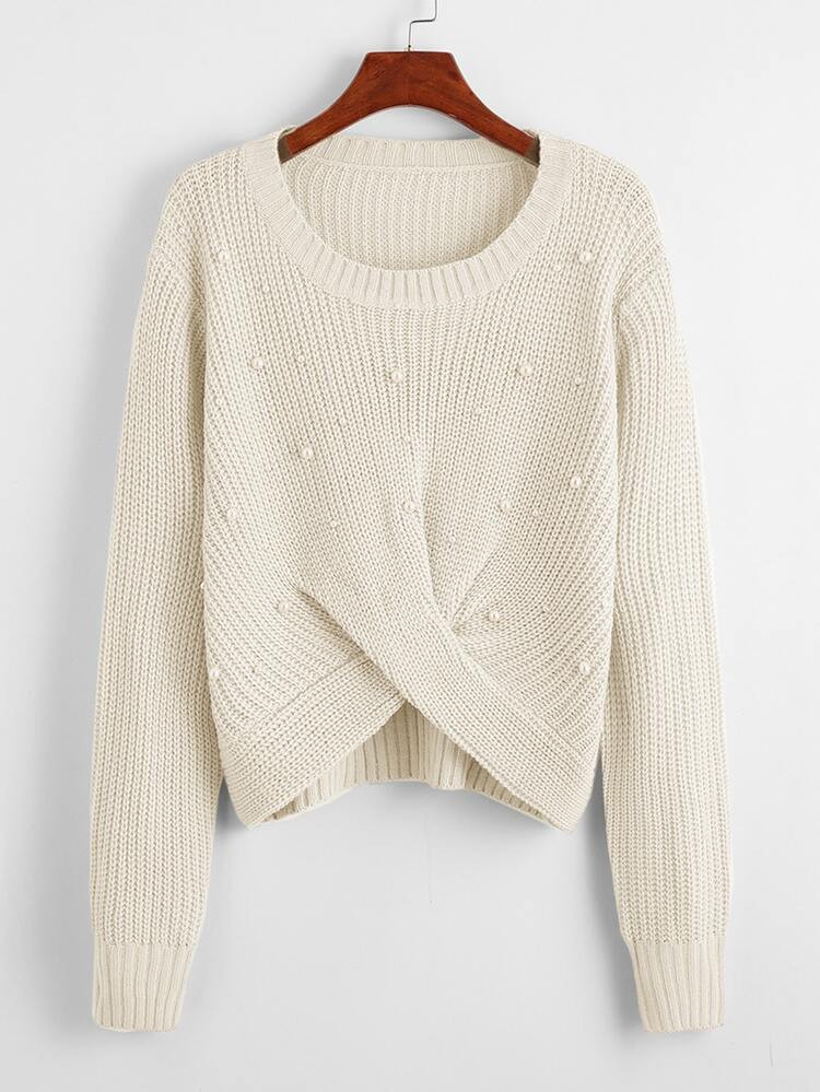 Pearls Detail Twist Front Sweater | SHEIN
