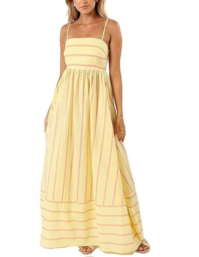 ABINGOO Women Striped Sleeveless Maxi Dress Backless Smocked Spaghetti Strap Boho Flowy Long Dress Summer Beach Sun Dress Yellow M | Amazon (CA)