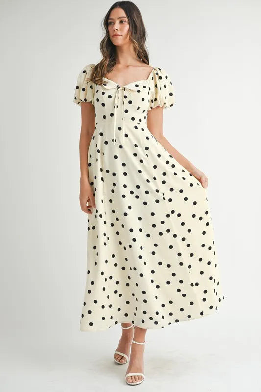 MABLE Polka Dot Puff Sleeve Midi Dress Cream / M | Casual Chic Boutique
