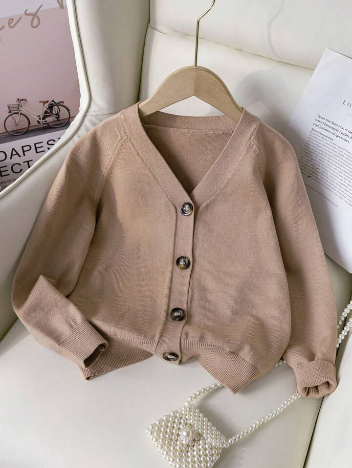 SHEIN Tween Girl V-Neck Front Button Solid Color Cardigan | SHEIN