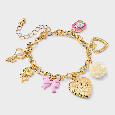 Girls' Bow and Heart Locket Charms Bracelet - art class™ Gold: Lobster Claw Clasp, Iron & Zinc, Chain Style | Target