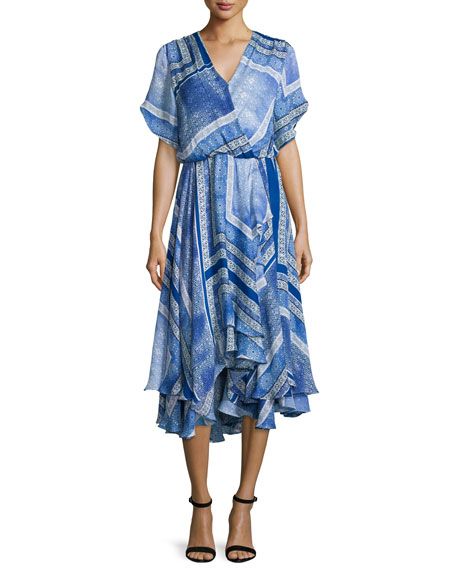 Dominica Short-Sleeve V-Neck Dress, Blue Pattern | Neiman Marcus