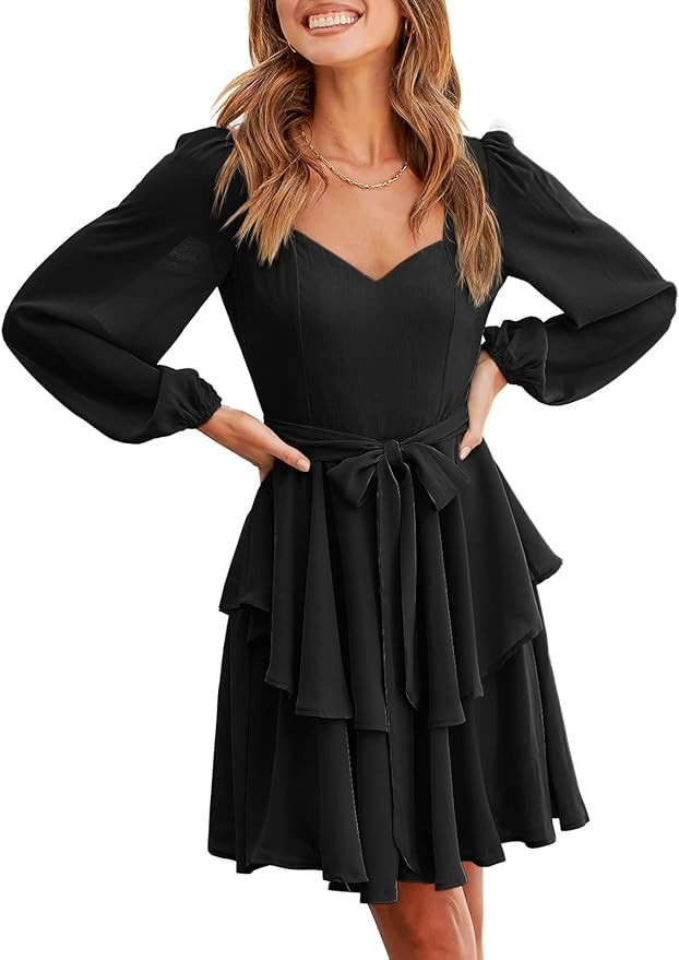 ANRABESS Women's Long Sleeve Sweetheart Neck Waist Tie Doulbe Layer Ruffle Short Dress Flowy Tier... | Amazon (US)