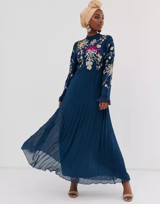 ASOS DESIGN embroidered pleated maxi dress with fluted sleeve in navy | ASOS (Global)
