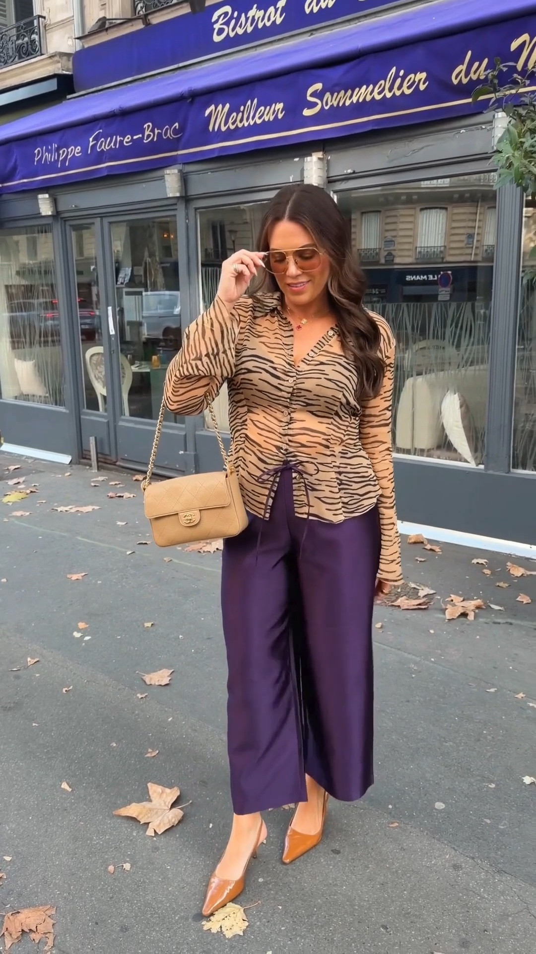 curvy midsize fall outfit! wearing size large in tiger print button up and size large in purple taffeta pants 💜 @Reformation