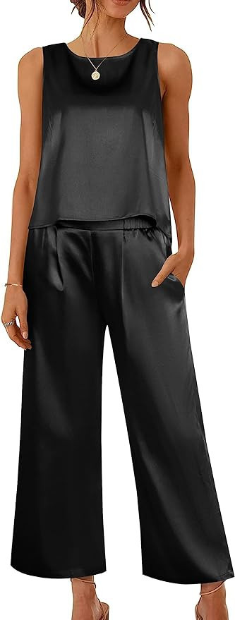 Ekoauer Women's Silk Satin Pajama 2 Piece Outfits Sleeveless Tank Crop Top and Wide Leg Pants Set... | Amazon (US)