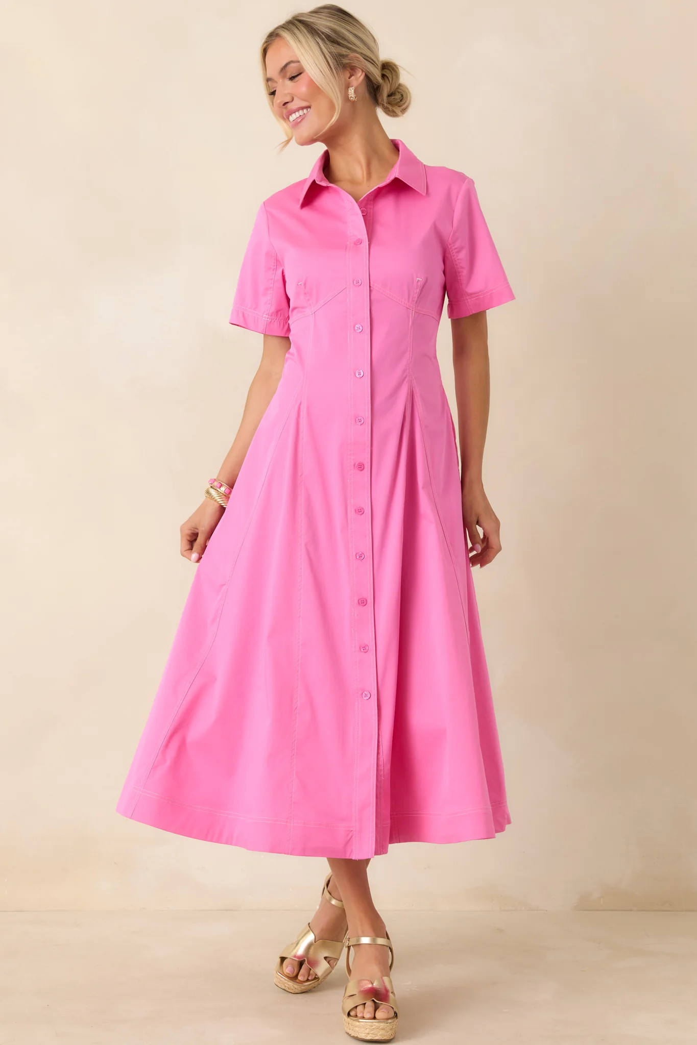Make It Look Easy Pink Short Sleeve Midi Shirt Dress | Red Dress