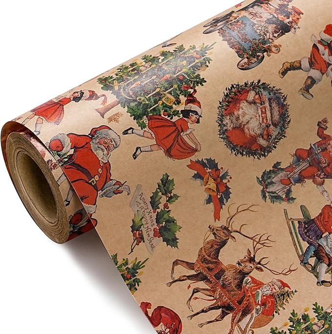 WRAPAHOLIC Kraft Vintage Christmas Wrapping Paper - Mini Roll - 17 Inch x 16.5 Feet - Santa, Tree... | Amazon (US)