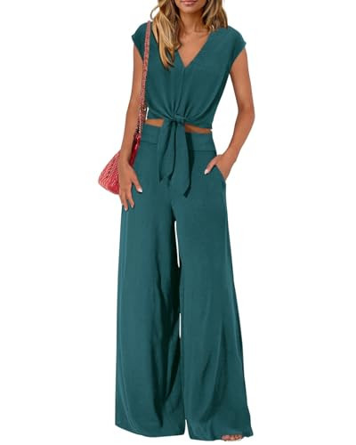 PRETTYGARDEN Women's Summer 2 Piece Outfits 2026 Cap Sleeve V Neck Belted Crop Tops Wide Leg Pant Sets Casual Tracksuit(Solid Lake Blue,Medium) | Amazon (US)