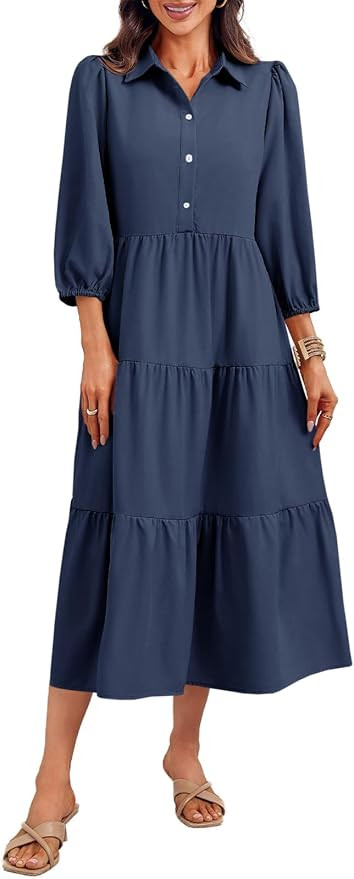 Wenrine Womens Casual 3/4 Sleeve Shirt Dress Button Down V Neck Tiered Collared Flowy Maxi Dress | Amazon (US)