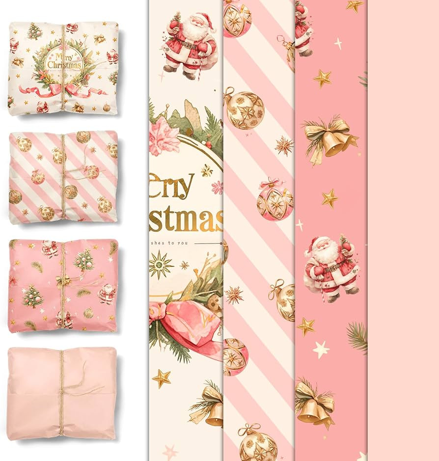NICROHOME EUR 24 Sheets Christmas Tissue Paper, Pink Tissue Wrapping paper with Bow bell Santa Cl... | Amazon (US)
