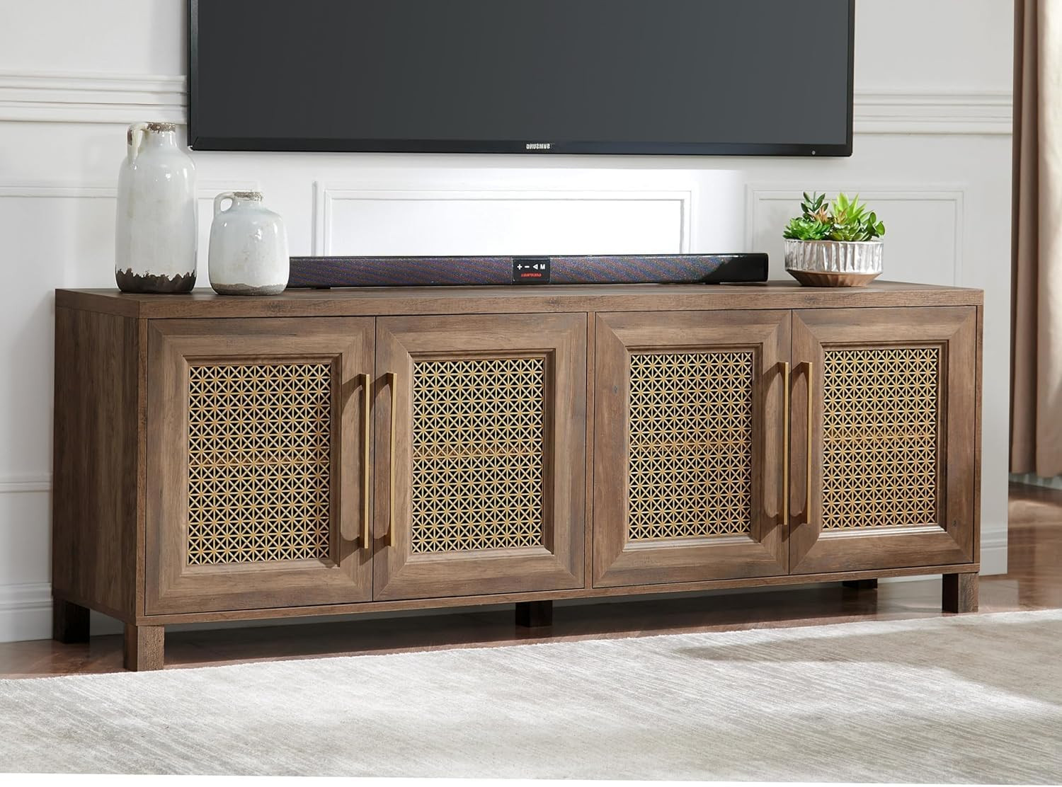 Mid Century Modern TV Stand for TVs up to 75", 69.5" Rustic Oak Entertainment Center with 4 Gold ... | Amazon (US)