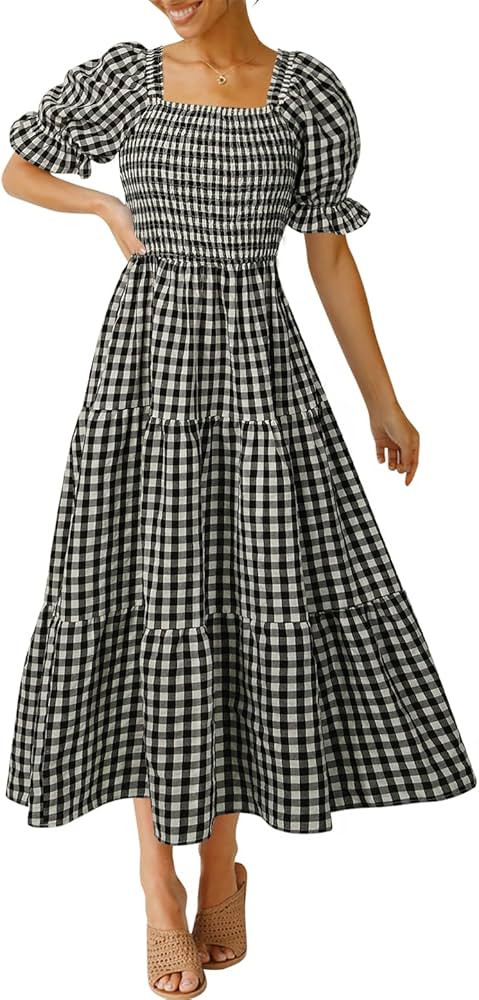 ZESICA Women's 2024 Bohemian Summer Plaid Square Neck Puff Sleeve Ruffle Flowy Beach Midi Dress | Amazon (US)