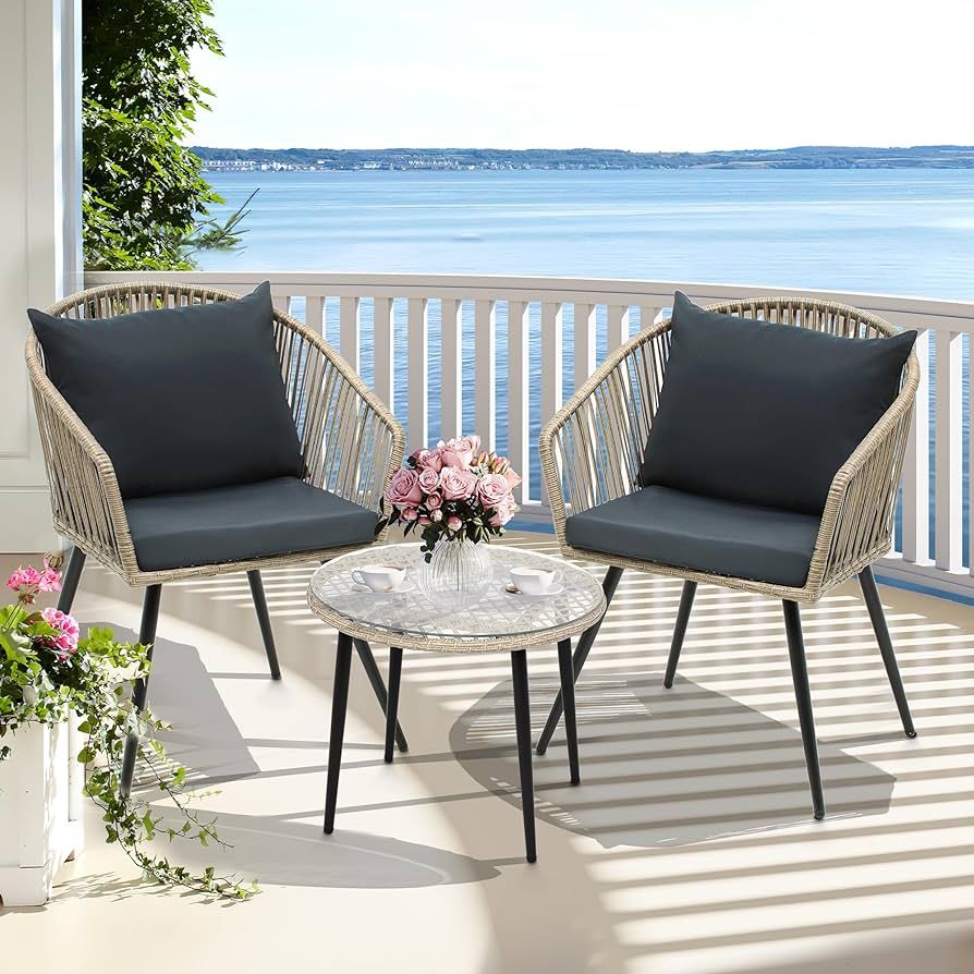 YITAHOME 3-Piece Outdoor Patio Furniture Wicker Bistro Set, All-Weather Rattan Conversation Chair... | Amazon (US)