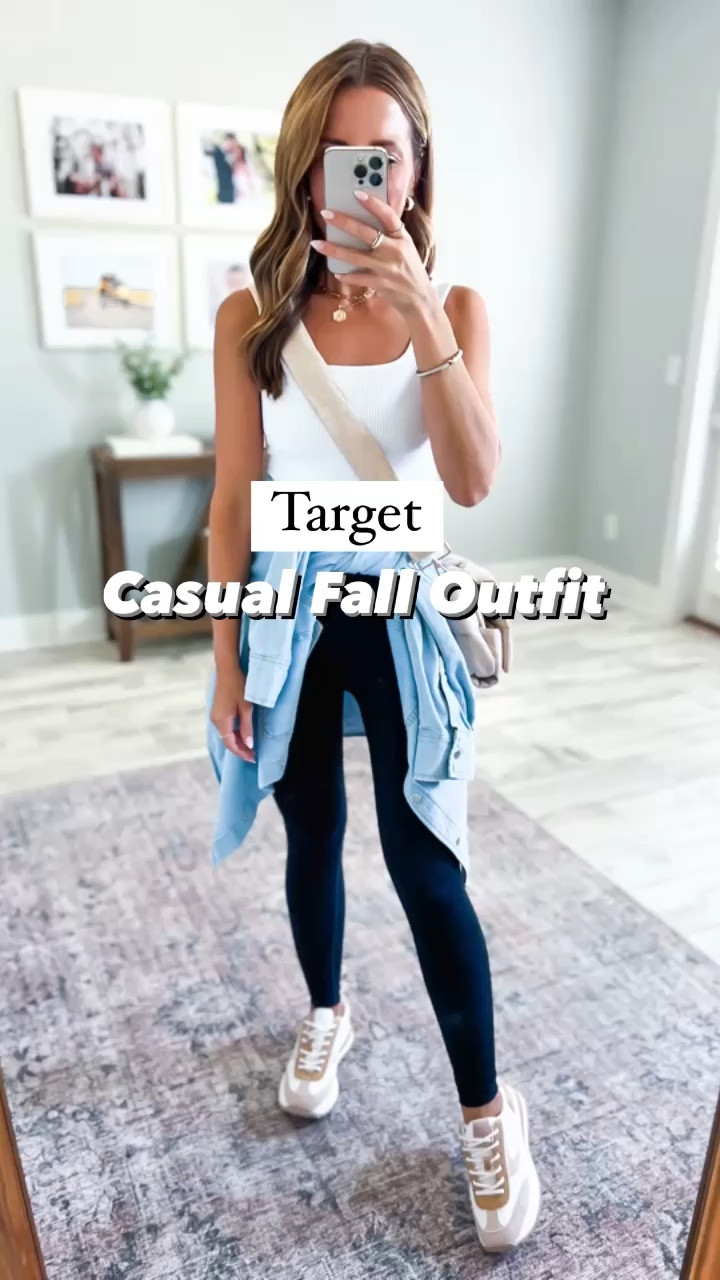 Target casual outfit. #ad @targetstyle Target denim shirt (XS). Target textured seamless leggings (XXS) target seamless ribbed tank (XXS). Target neutral sneakers (TTS). Casual outfit. Fall outfit. Mom outfit. Travel outfit. Fall style. #targetpartner #targetstyle #target 

#LTKtravel #LTKfindsunder50 #LTKshoecrush