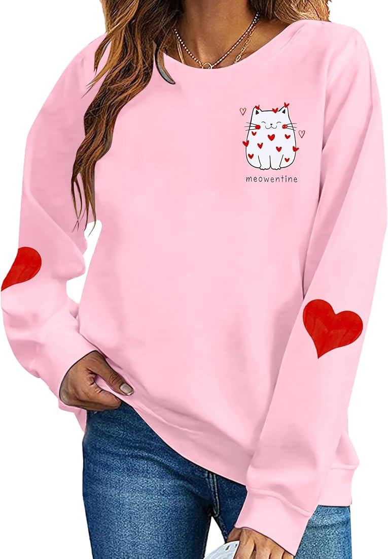 LOTUCY Women Valentine's Day Sweatshirt Cute Cat Graphic Shirts Meowentine Lover Pullover Tops Lo... | Amazon (US)