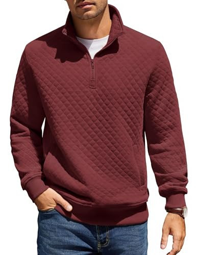 COOFANDY Mens Quarter Zip Pullover Quilted Sweatshirt Knit Long Sleeve Christmas Mock Neck Sweater Polo with Pocket Red | Amazon (US)