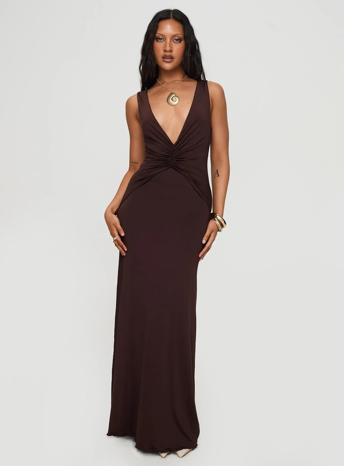 Frederica Plunge Maxi Dress Chocolate | Princess Polly US