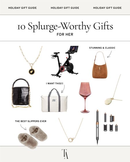 Splurge worthy Christmas gifts for her (or yourself!). I REALLY want the Vana Chupp silhouette necklace myself! The dainty gold two rings necklace is a great high-end gift that’s in the $500 range. 

I am obsessed with my super fuzzy slippers, Dyson Air Wrap (worth it!), and my black leather purse (such a good brand), and our Peloton bike. 

#LTKSeasonal #LTKGiftGuide #LTKHoliday