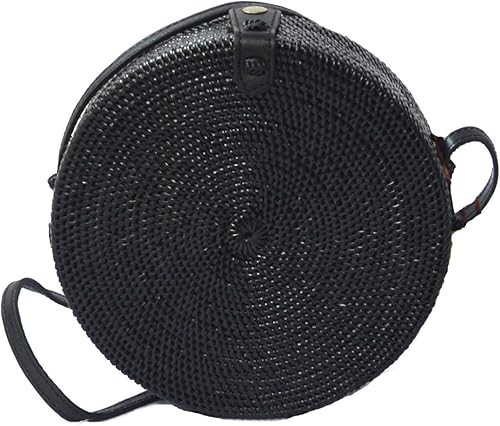 Handwoven Round Rattan Bag Shoulder Leather Straps Natural Chic Hand | Amazon (US)