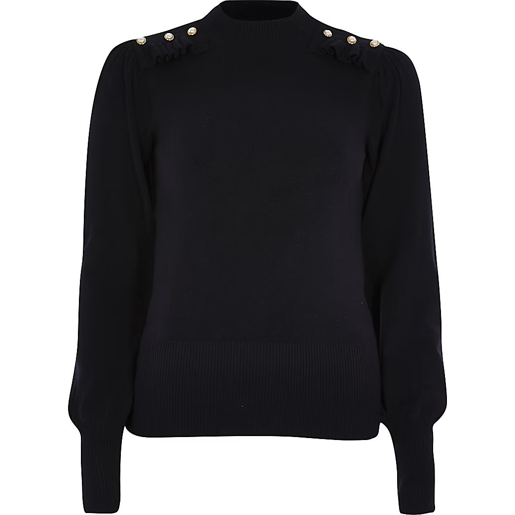 Navy frill pearl button turtle neck top | River Island (UK & IE)