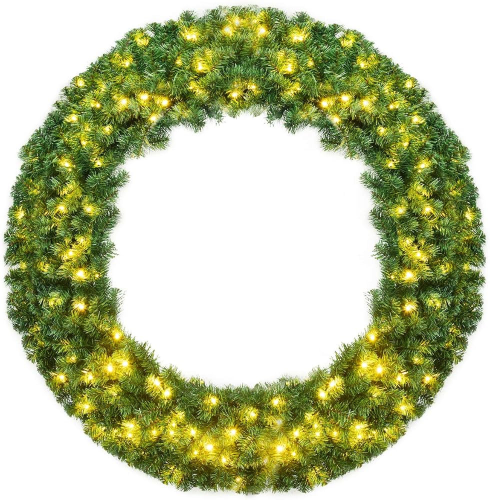 Goplus 48" Pre-lit Cordless Artificial Christmas Wreath, with 200 LED Lights and Timer, Hanging X... | Amazon (US)