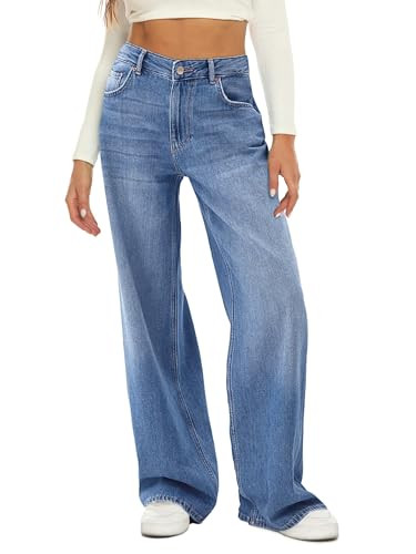 HDLTE Women Wide Leg Jeans High Waist Baggy Jeans Loose Boyfriend Jean Denim Pants Y2K Light Blue | Amazon (US)