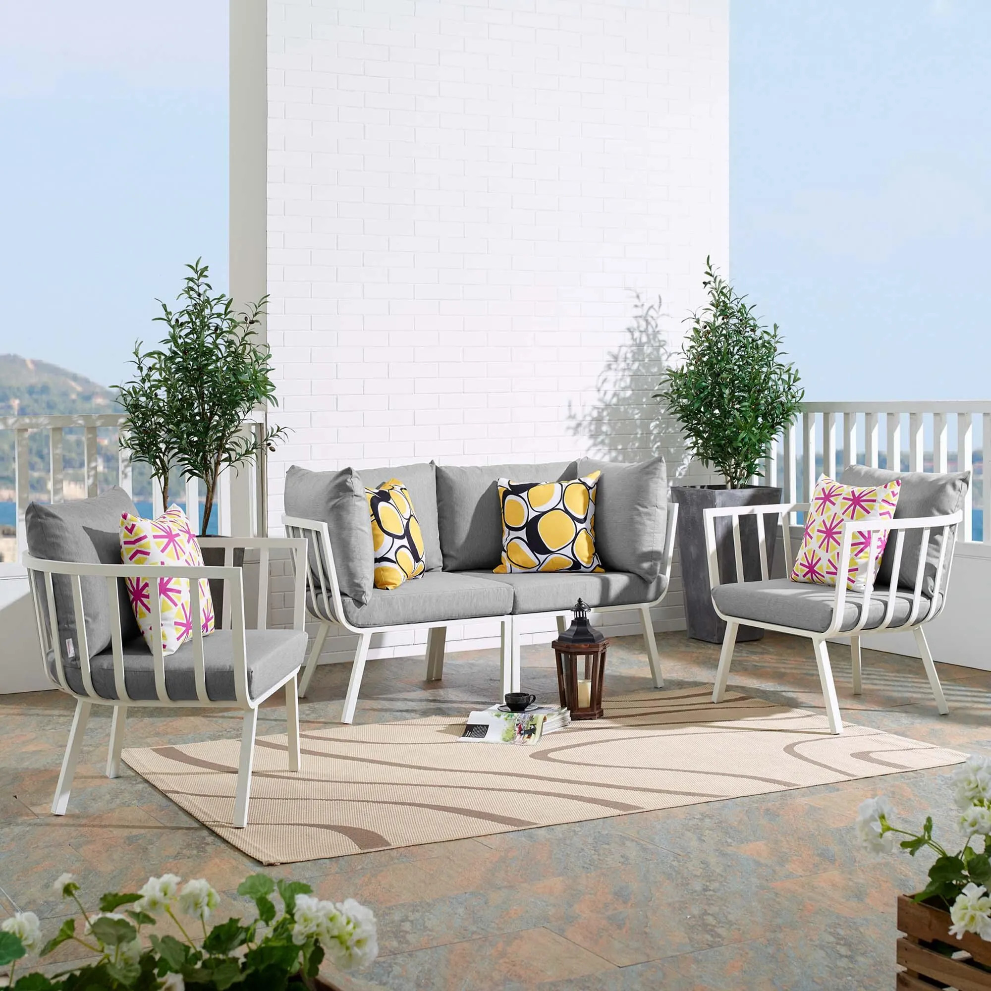 Modway Riverside Outdoor Loveseat and 2 Armchair, White/Gray | Ashley Homestore