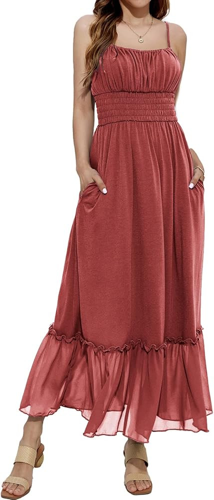 GRACE KARIN Womens Summer Maxi Dress Casual Sleeveless Spaghetti Strap Smocked Ruffle A Line Beach L | Amazon (US)