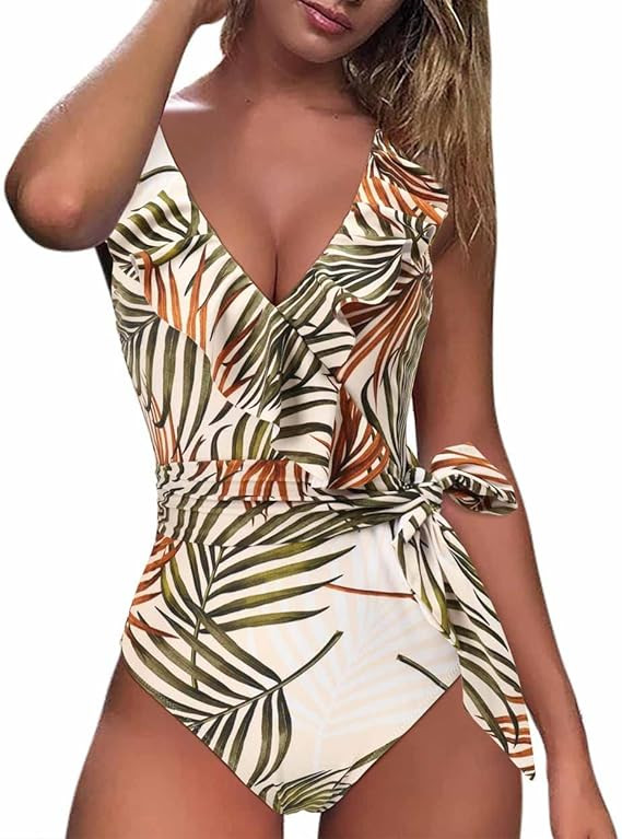 MOSHENGQI Women Ruffle One Piece Swimsuit V Neck Tummy Control Bathing Suit Wrap Monokini Swimwea... | Amazon (US)