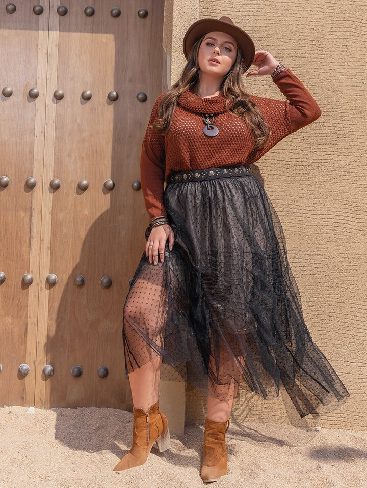 Rusttydustty Plus Dobby Mesh Overlay Skirt Without Belt | SHEIN