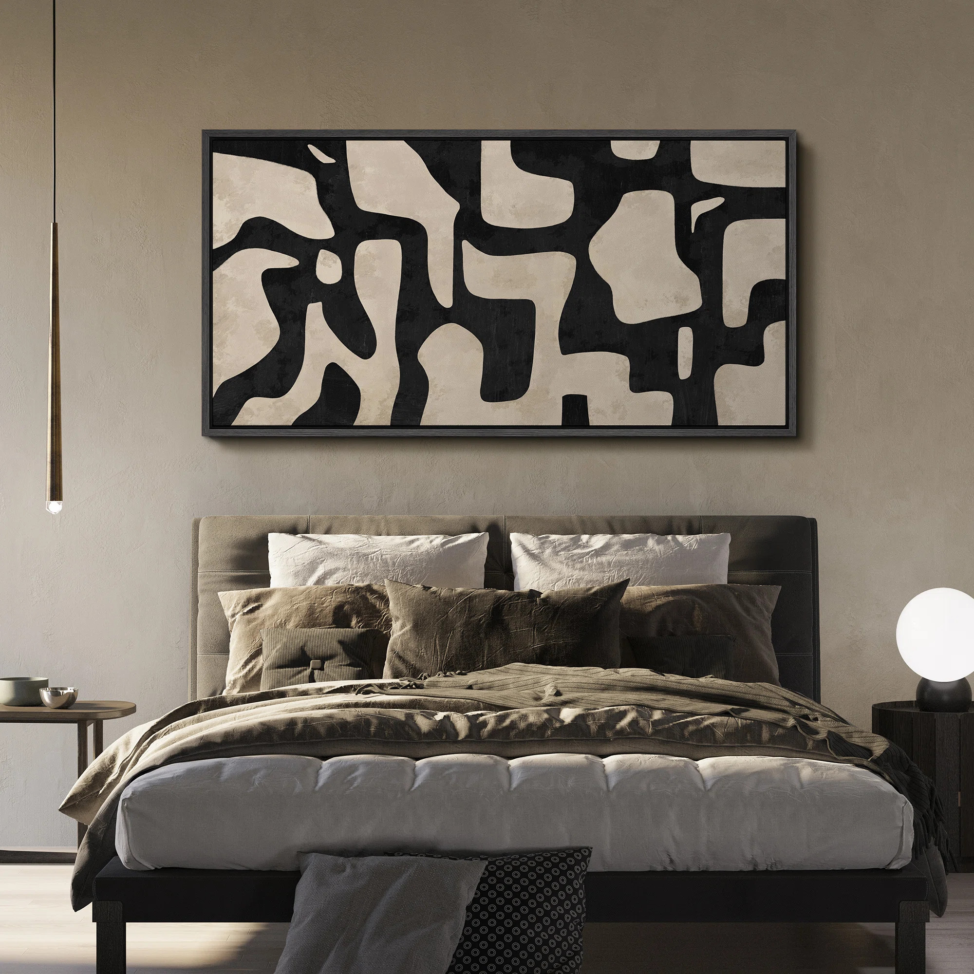 Mid Century Shape Abstract Contours, Black And White Beige Artwork, Retro Bedroom Home Decor, Ext... | Wayfair North America