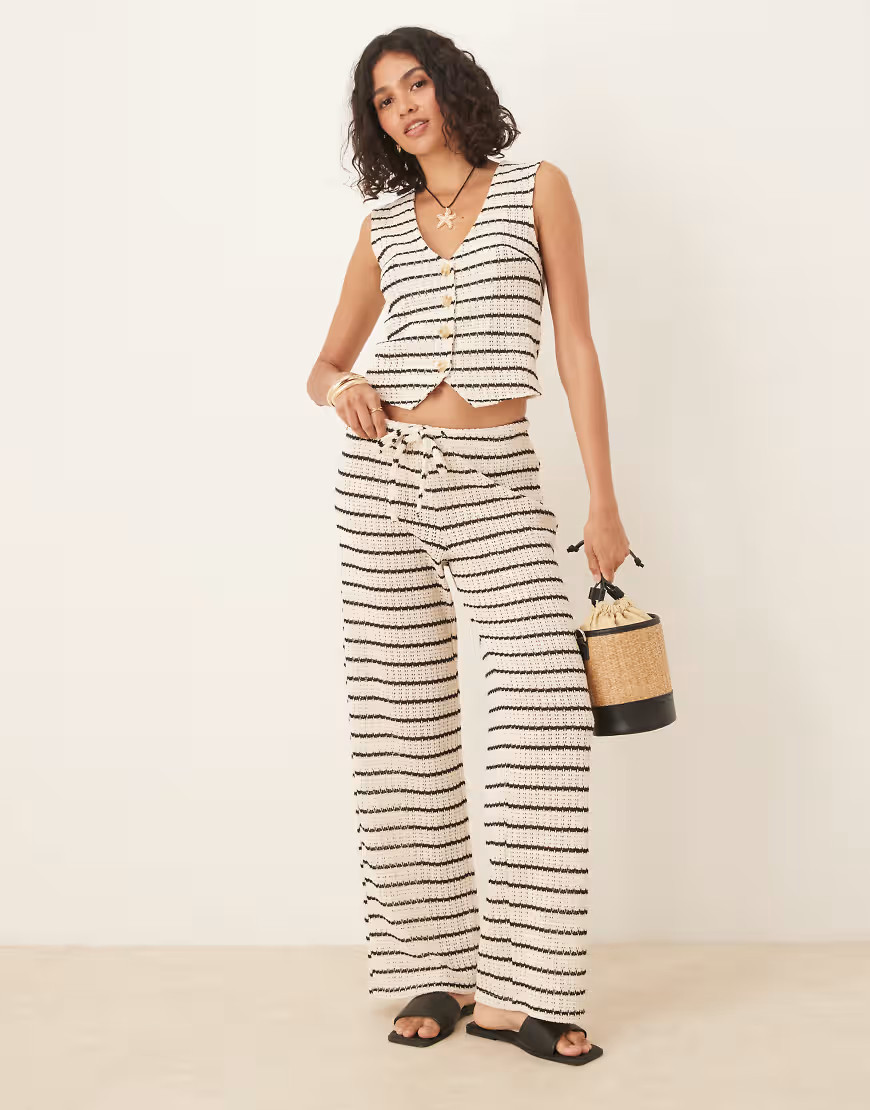 Gina Tricot co-ord crochet straight leg trousers in light beige and black stripe-Multi | ASOS (Global)