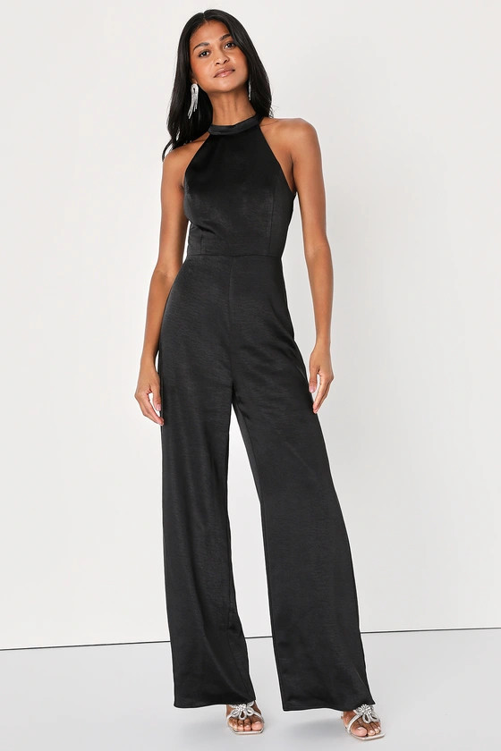 Elegant Love Black Satin Tie-Back Wide-Leg Jumpsuit | Lulus (US)