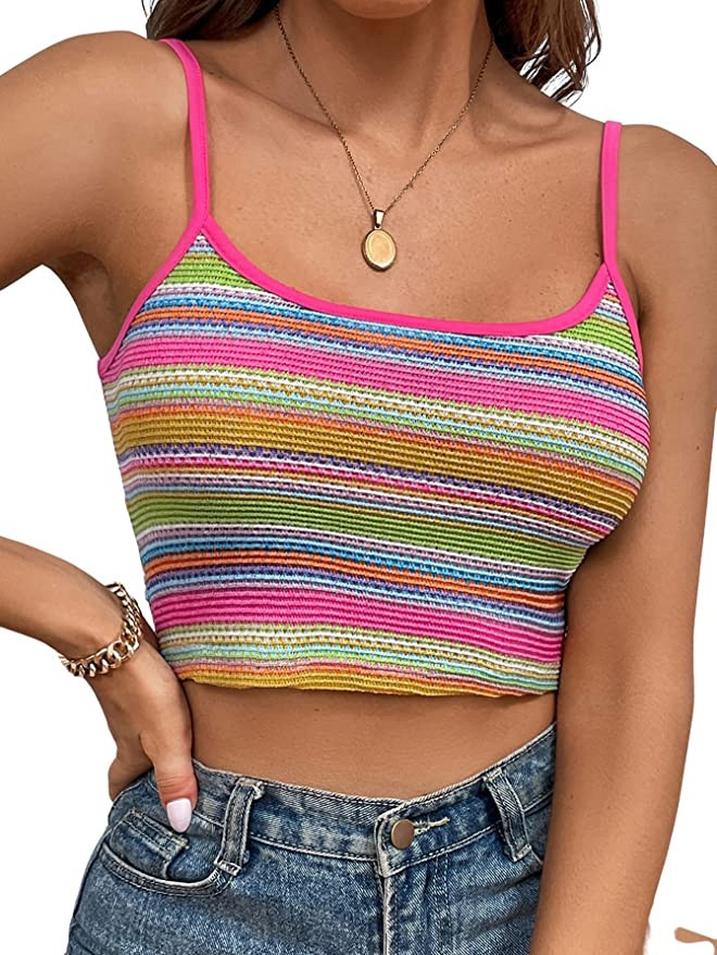 SweatyRocks Women's Sexy Strappy Crop Top Striped Print Ribbed Knit Cami Top | Amazon (US)