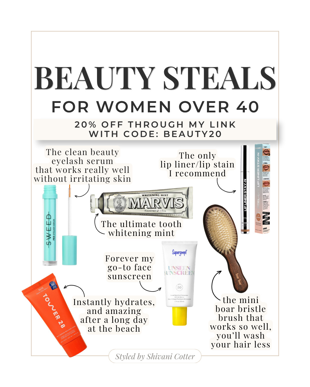 Beauty Steals for Women Over 40
These are the beauty finds I actually use and recommend, and they’re 20% off when you use the code BEAUTY20 through my link.

A few of my favorite beauty staples for women over 40, all in one place. 

These little upgrades that make a big difference, from a clean eyelash serum that doesn’t irritate, to my go-to face sunscreen, a lip liner and stain I actually recommend, the best mint whitening toothpaste, a smoothing boar bristle brush and an instant hydration favorite after long days in the sun.
Use code BEAUTY20 for 20% off through my link.

Everything is linked in my LTK.
Save this for your next beauty restock.

beauty over 40 | beauty over 50 | women over 50 | beauty steals | women over 40 beauty | clean beauty finds | mature skin beauty | everyday beauty essentials | eyelash serum | face sunscreen | lip stain | lip liner | tooth whitening toothpaste | boar bristle brush | beach beauty essentials | summer beauty favorites | LTK beauty finds | beauty sale | beauty must haves | anti aging beauty | easy beauty routine | beauty products worth buying @Revolve

#LTKgrwm #LTKSaleAlert #LTKBeauty