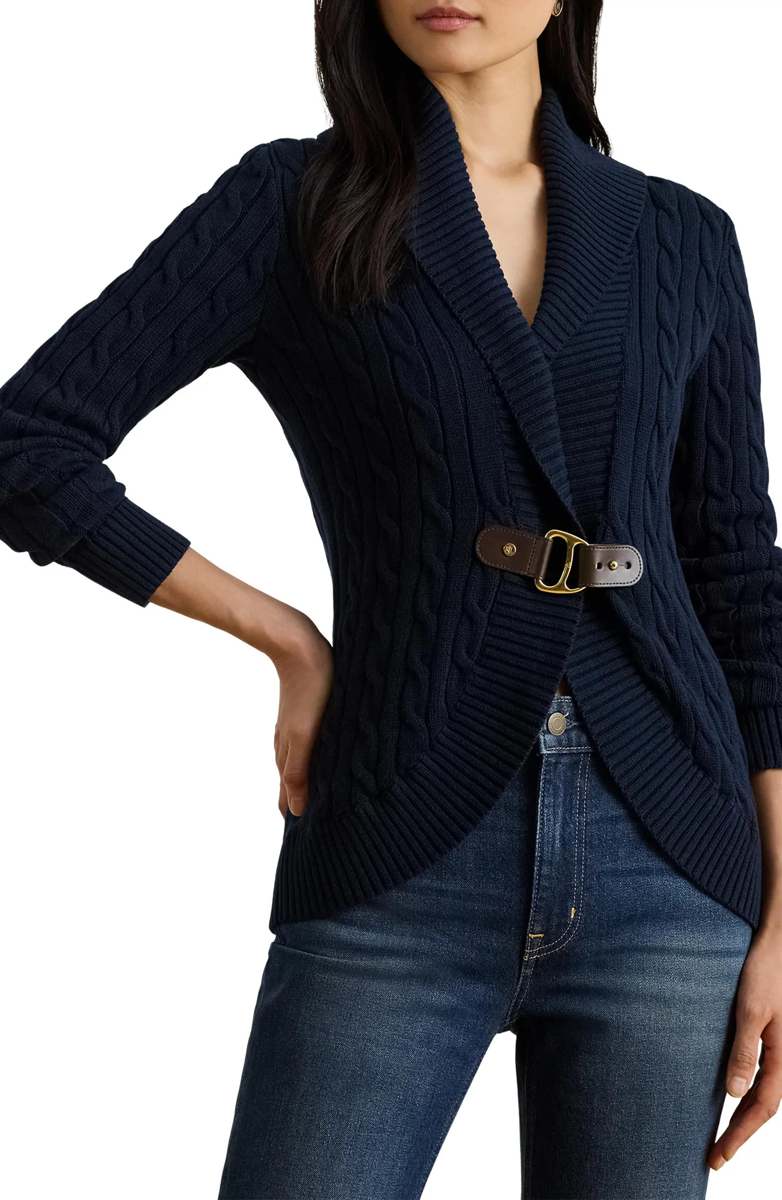 Lauren Ralph Lauren Buckle Cable Stitch Cotton Cardigan | Nordstrom | Nordstrom