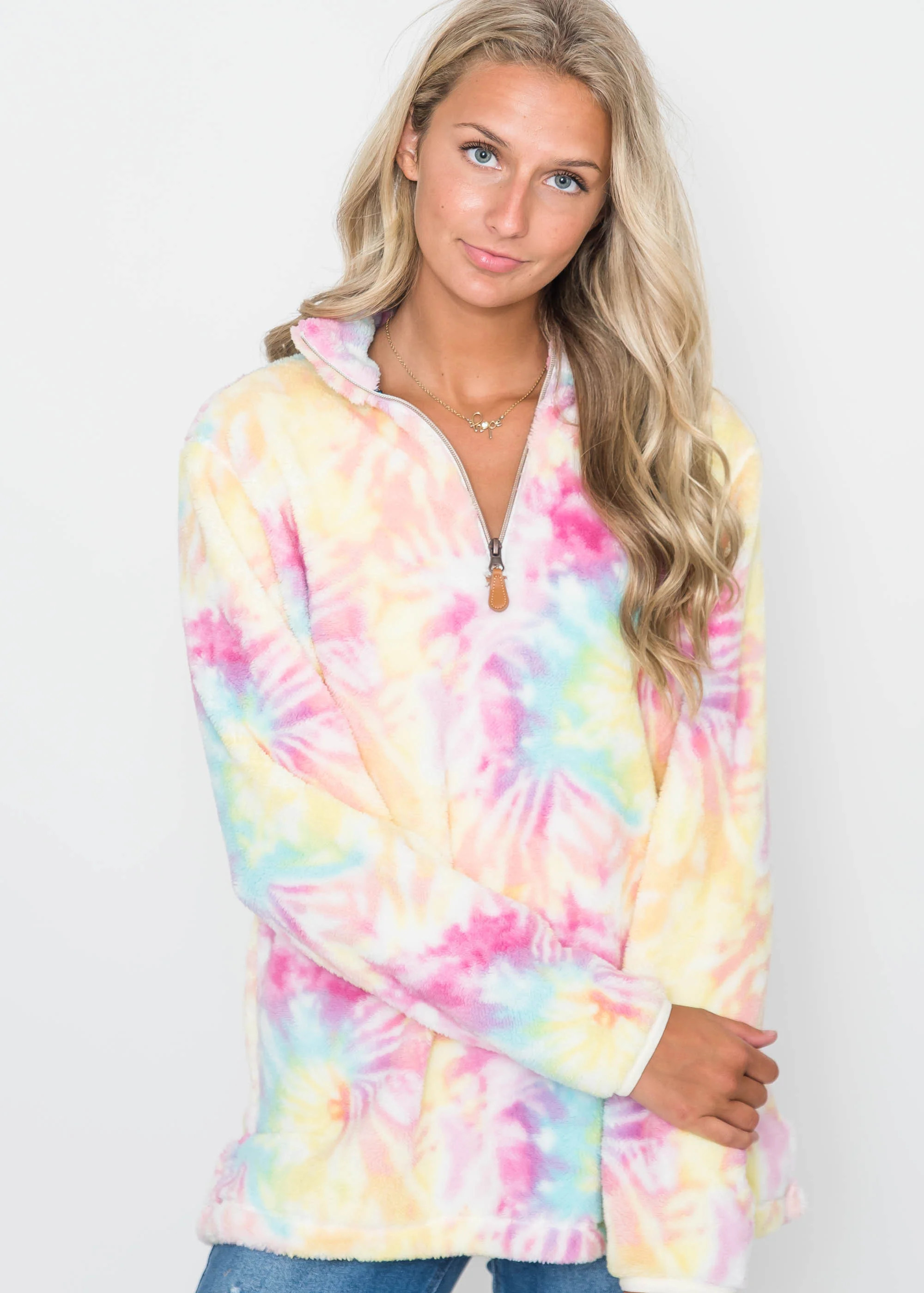 Pink Friday: Tie Dye 1/4 Zip Sherpa Pullover - Multi | BAD HABIT BOUTIQUE
