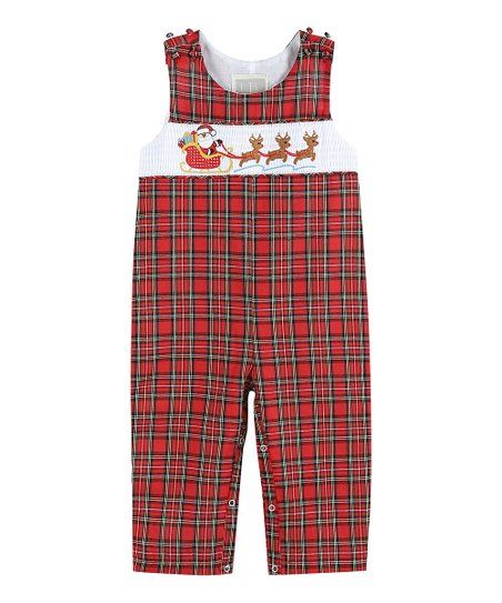 Lil Cactus Red Multicolor Plaid Santa Sleigh Smocked Overalls - Infant & Toddler | Zulily