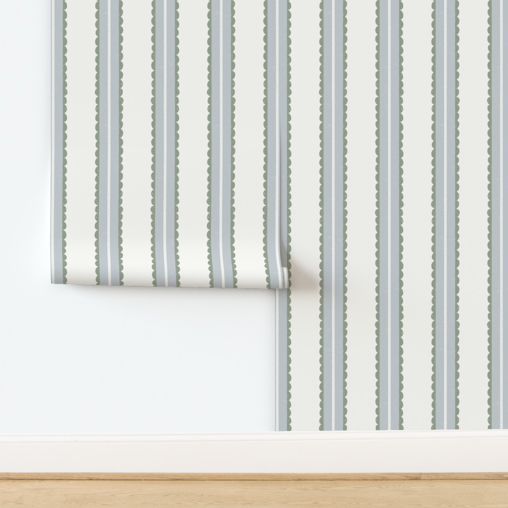 Wallpaper in Playful vertical Stripe with Scallop Edges for kids  muted blue and green | Spoonflower