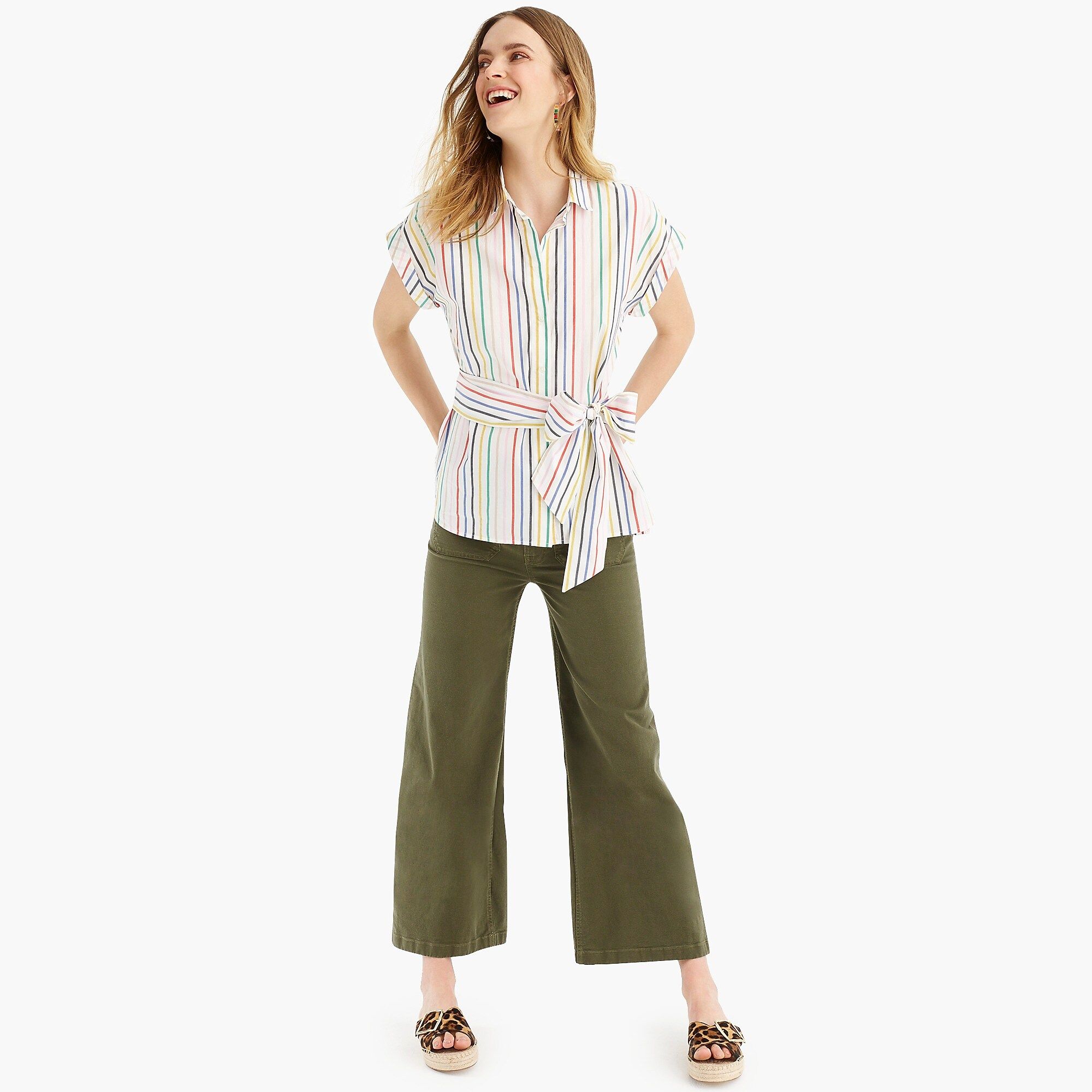 Tall button-front tie-waist top in rainbow mini stripe cotton poplin | J.Crew US